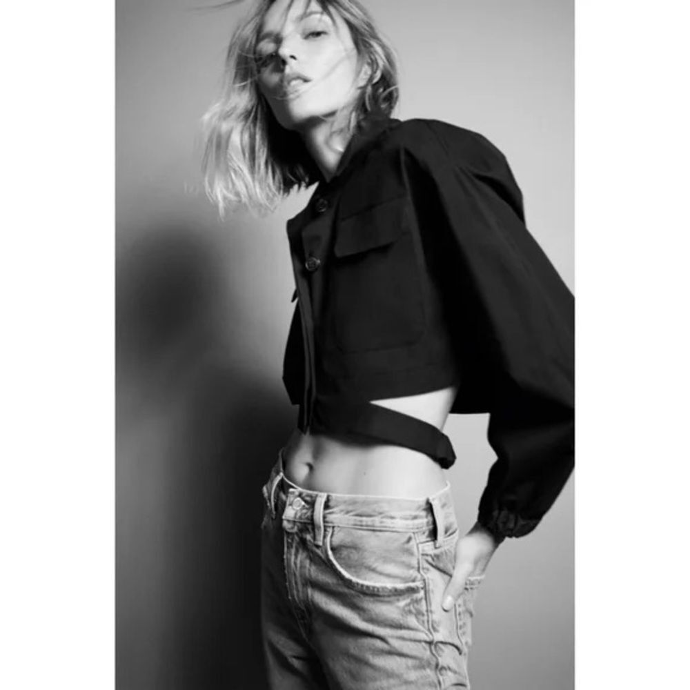 ZARA Black Cotton Poplin Uility Long Sleeve Top NWT